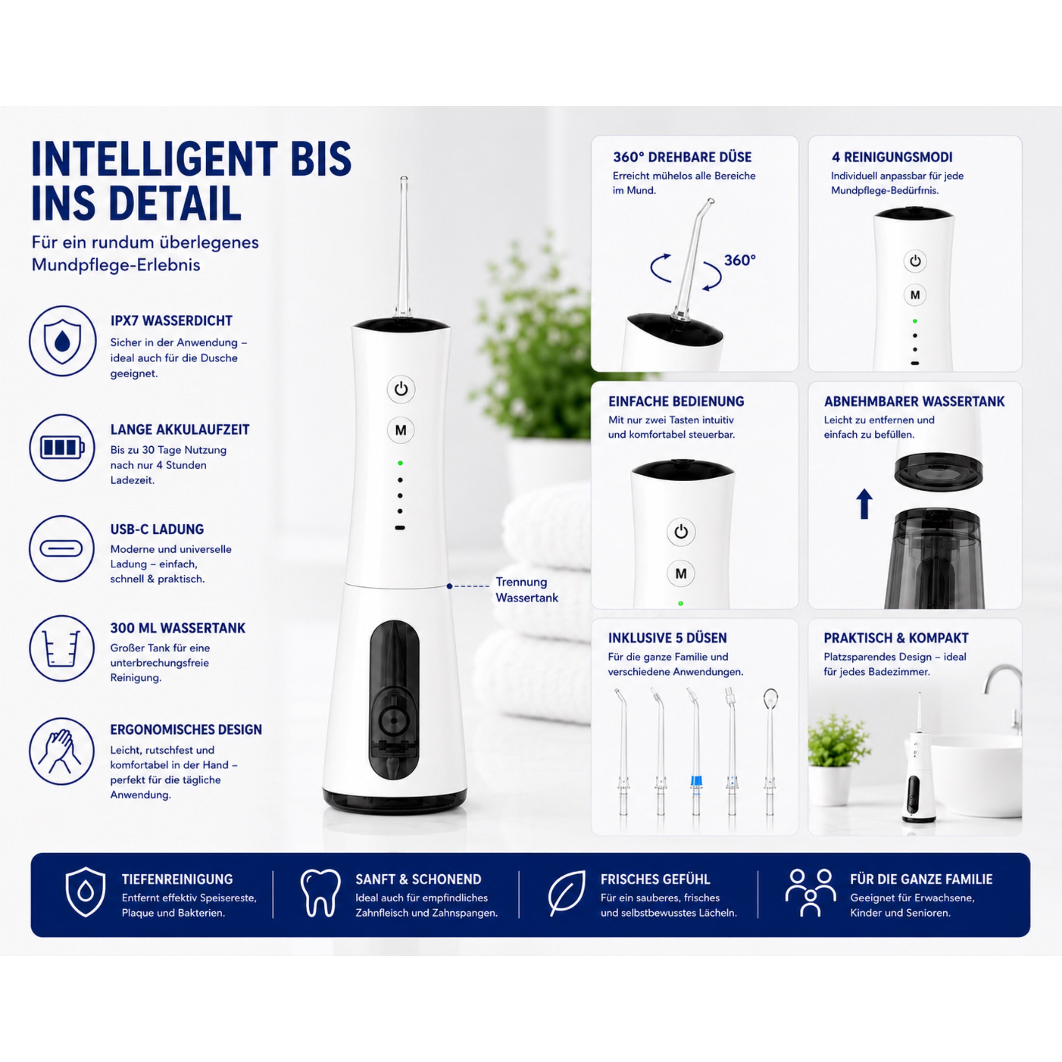 AquaPulse Munddusche: IPX7 wasserdicht, USB-C Ladung, 300ml Wassertank, ergonomisches Design, 4 Modi, abnehmbarer Tank.
