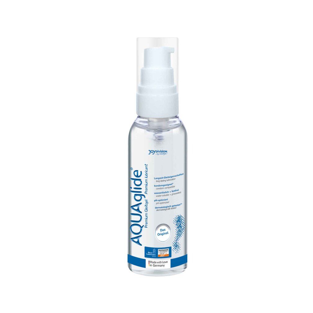 Transparente Flasche mit weißem Pumpkopf. Aufschrift: AQUAglide, Joydivision. Produktbezeichnung: Premium Glee-Gel.