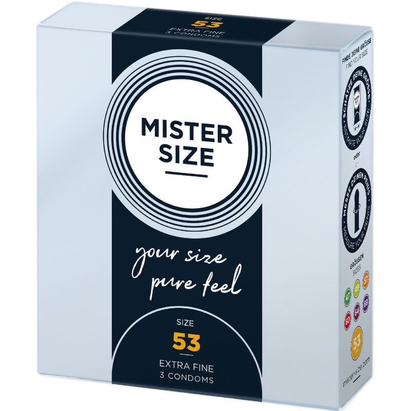 Kondomverpackung. Aufschrift: MISTER SIZE, Größe 53, Pure Feel, 3 Kondome. Hellblau, weiß und dunkelblau.