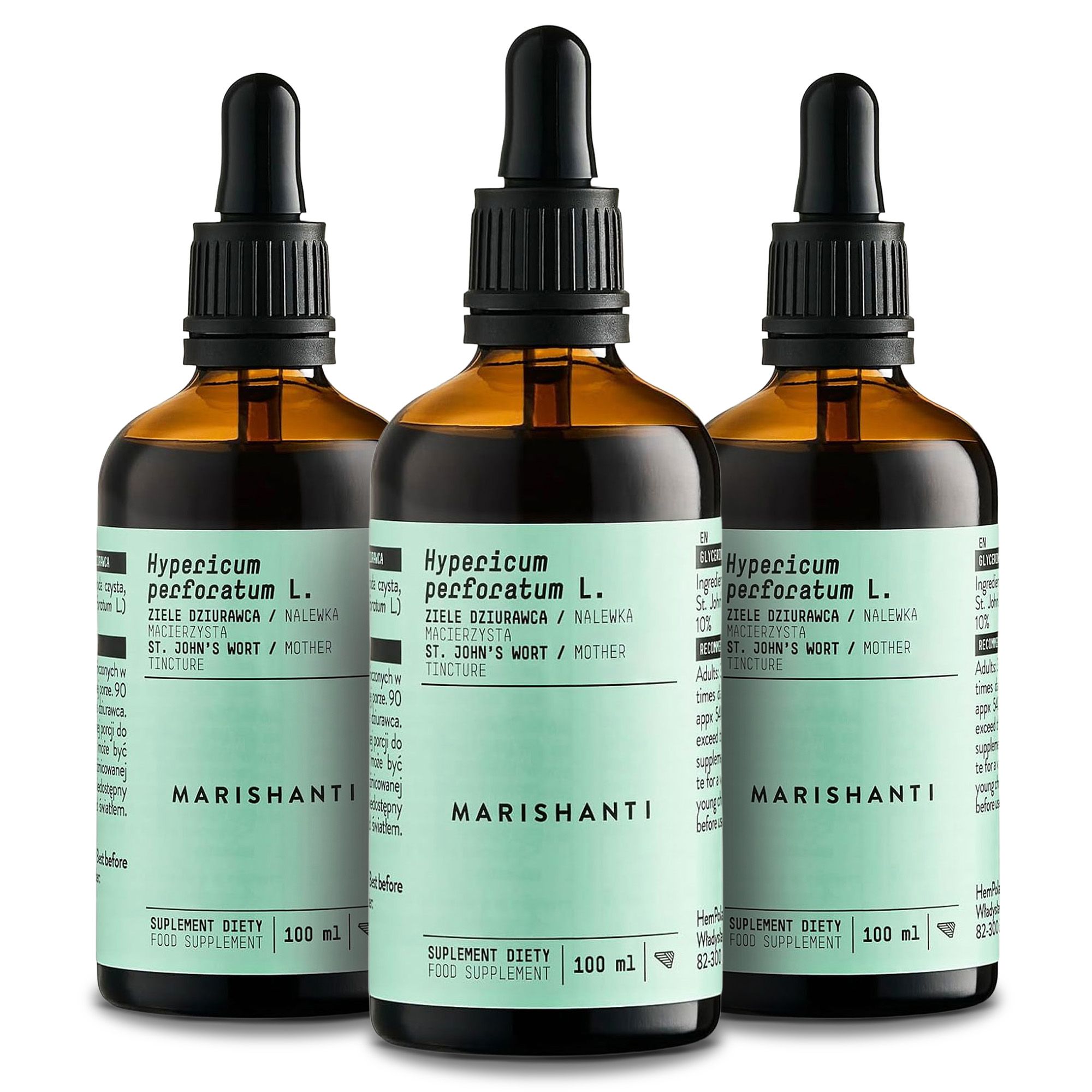 Drei braune Flaschen mit Tropfern. Marishanti Johanniskraut Extrakt. Text: Hypericum perforatum.