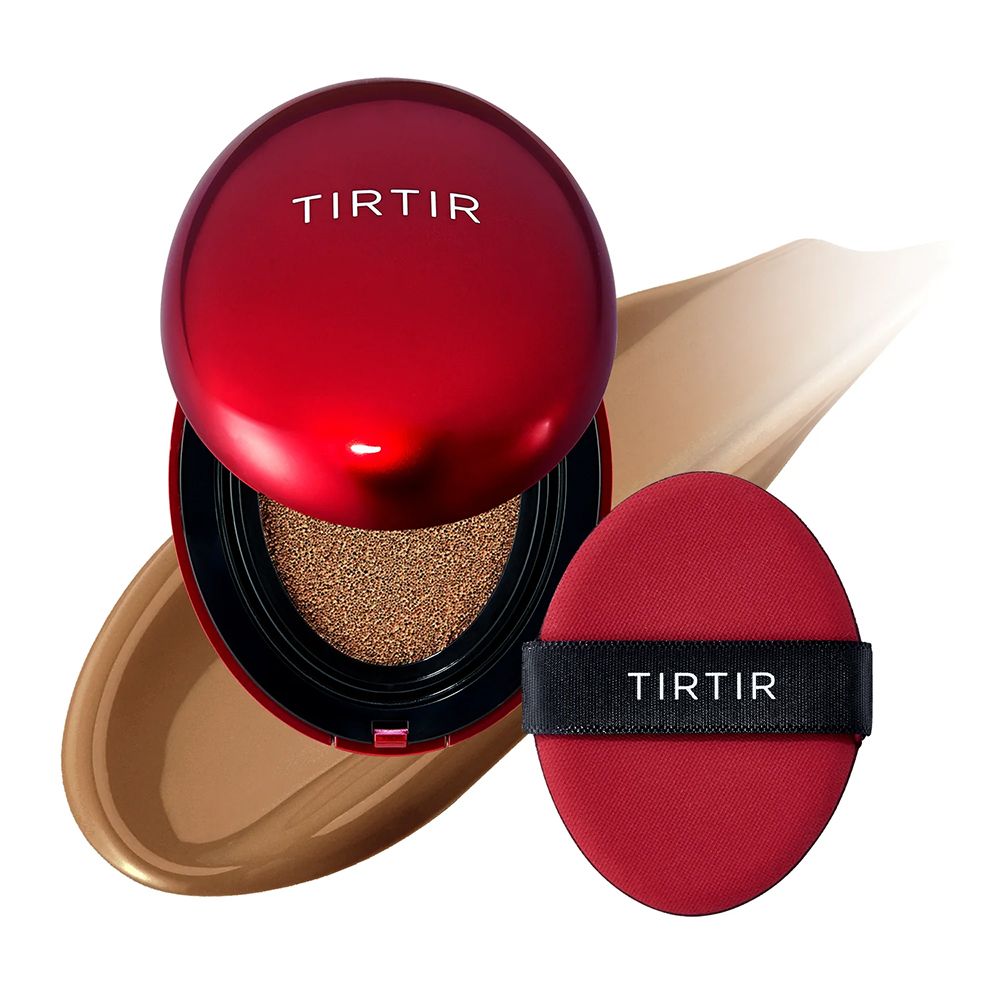 Roter Cushion-Behälter, geöffnet, mit Schwamm und Make-up-Farbe. Marke TIR TIR.