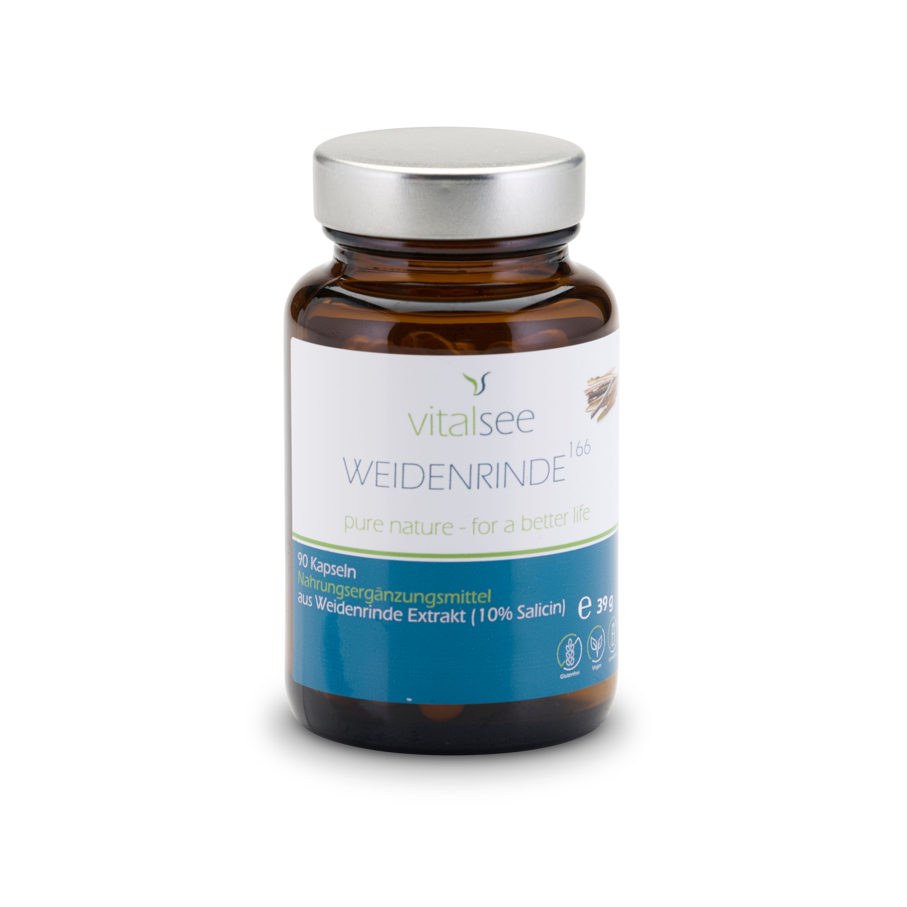 Braune Glasflasche mit silbernem Deckel. Etikett mit Produktnamen und Logo. Kapseln im Inneren sichtbar.