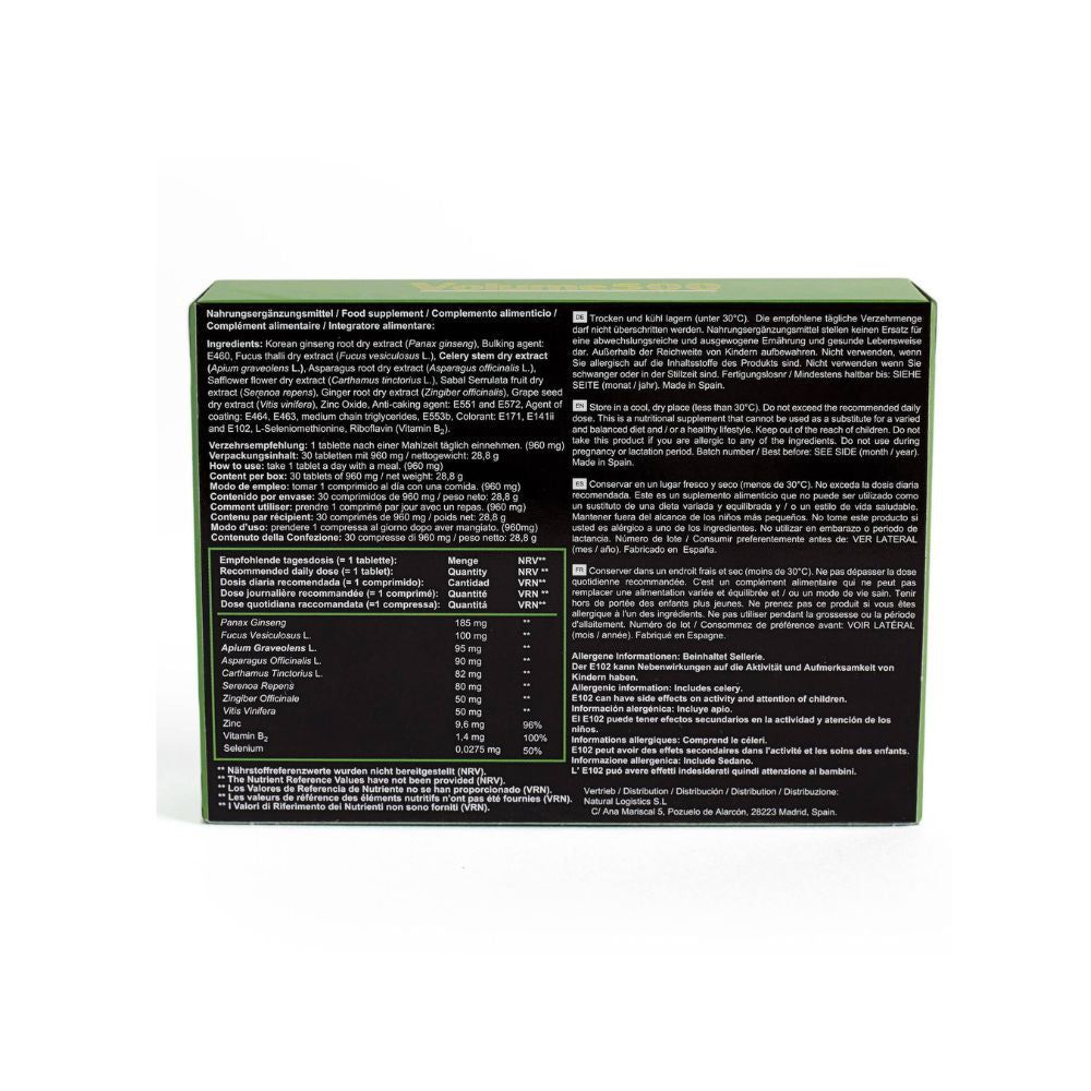 Rückseite der Volume500+ Verpackung mit Inhaltsstoffen und Anweisungen. Text in mehreren Sprachen.