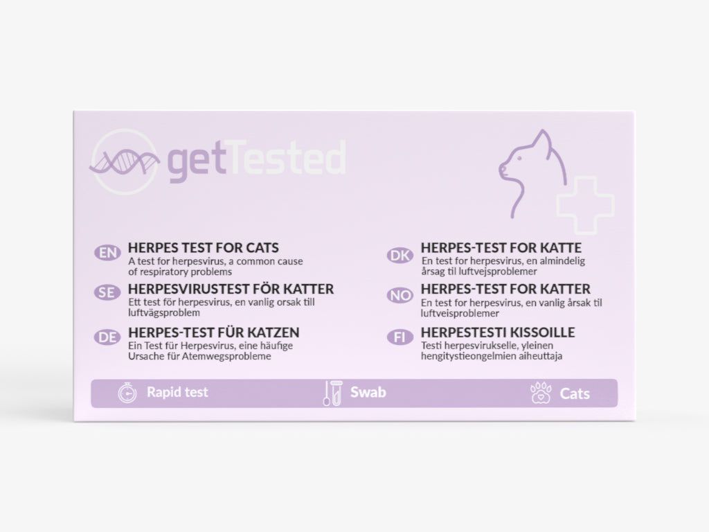 Verpackung für einen Herpes-Test für Katzen. Aufschrift: getTested, Herpes-Test für Katzen. Enthält einen Tupfer.