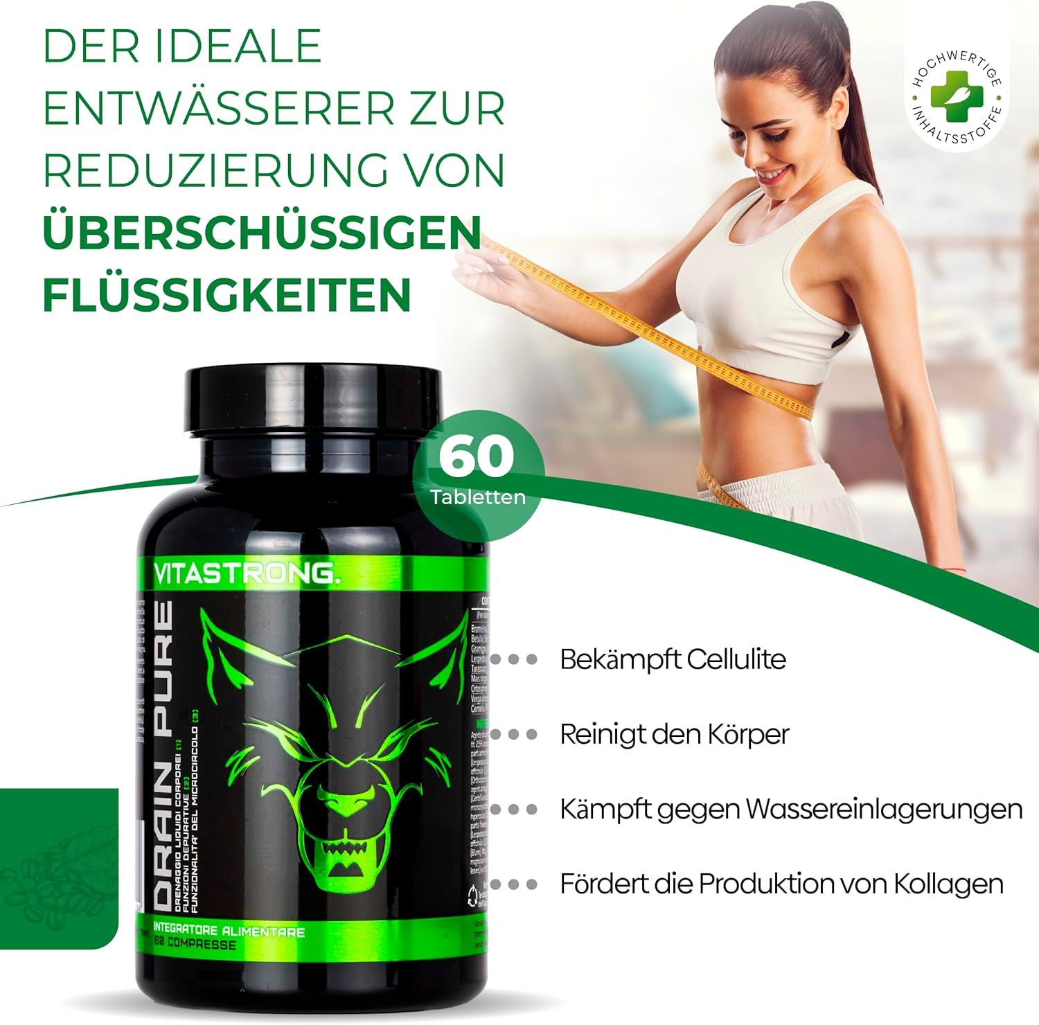 Vitastrong Drainpure. Schwarze Flasche mit 60 Tabletten. Frau misst Taille. Text: Reduzierung von Flüssigkeiten.