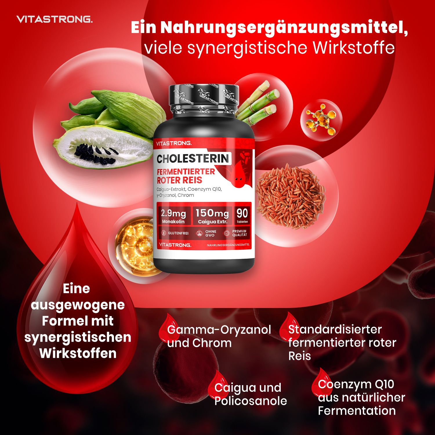 Flasche mit Tabletten, umgeben von Elementen. Text: Nahrungsergänzungsmittel, viele synergistische Wirkstoffe. Mit fermentiertem rotem Reis.