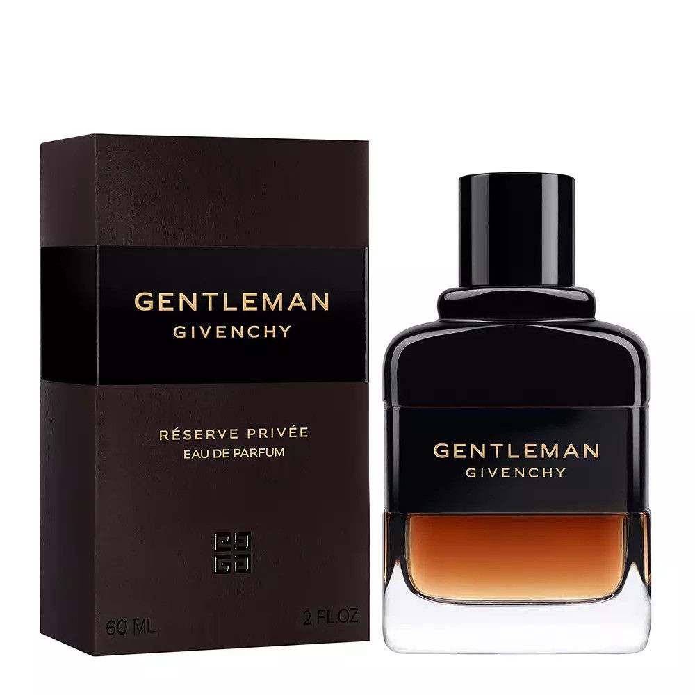 Givenchy Gentleman Réserve Privée Eau de Parfum. Flakon und Verpackung. Schwarzer Flakon mit brauner Flüssigkeit. 60 ml.