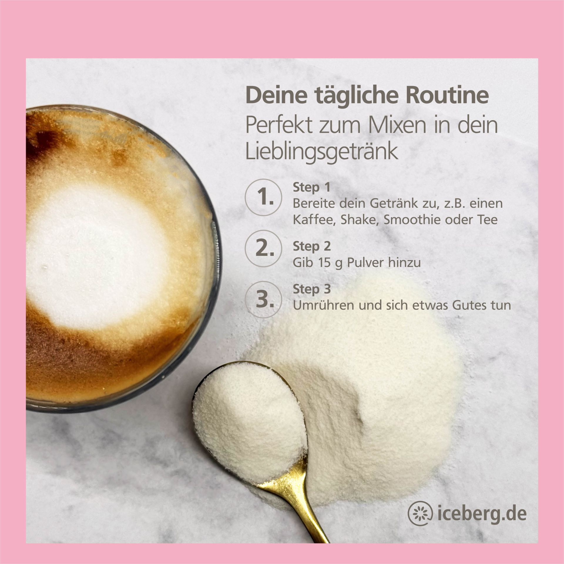 Kaffeetasse mit Schaum, daneben Löffel mit Pulver. Anleitung zum Mischen in Getränke. Text in Deutsch.