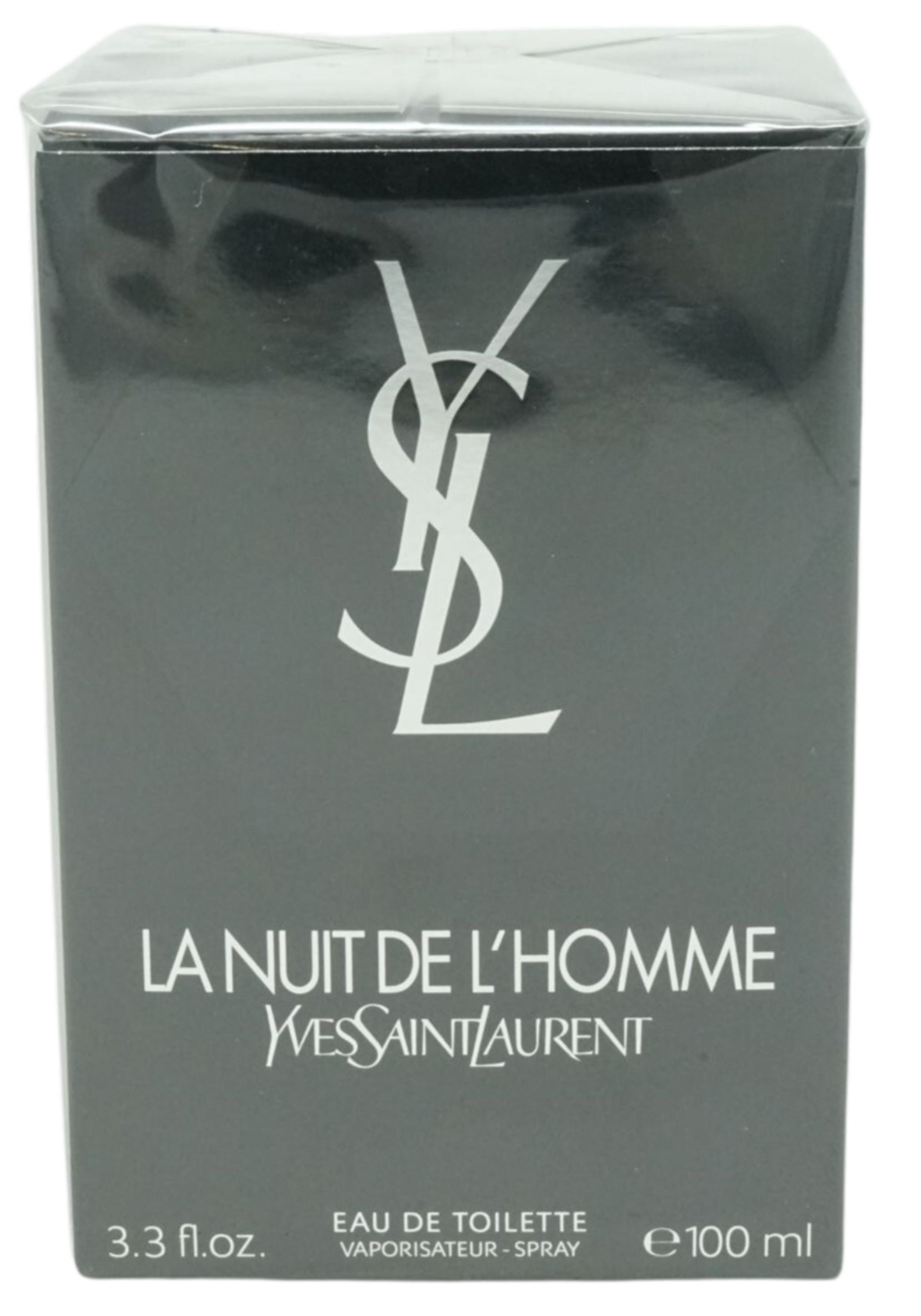 Schwarzer Karton von La Nuit de L'Homme. YSL-Logo und Produktbezeichnung. Enthält Eau de Toilette.