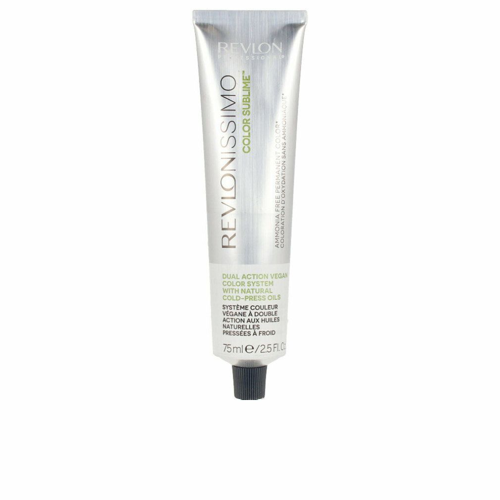 Silberfarbene Tube mit schwarzem Verschluss. Aufschrift: Revlonissimo Color Sublime. Text in Grün und Weiß. 75ml/2.5 fl.oz.