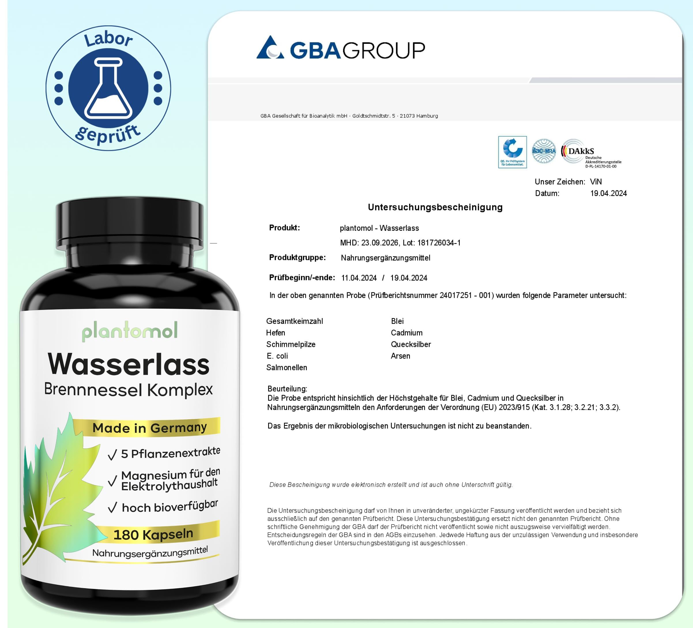Braune Flasche mit schwarzem Deckel und Laborzertifikat. Aufschrift: plantomol Wasserlass Brennnessel Komplex. Enthält 180 Kapseln.