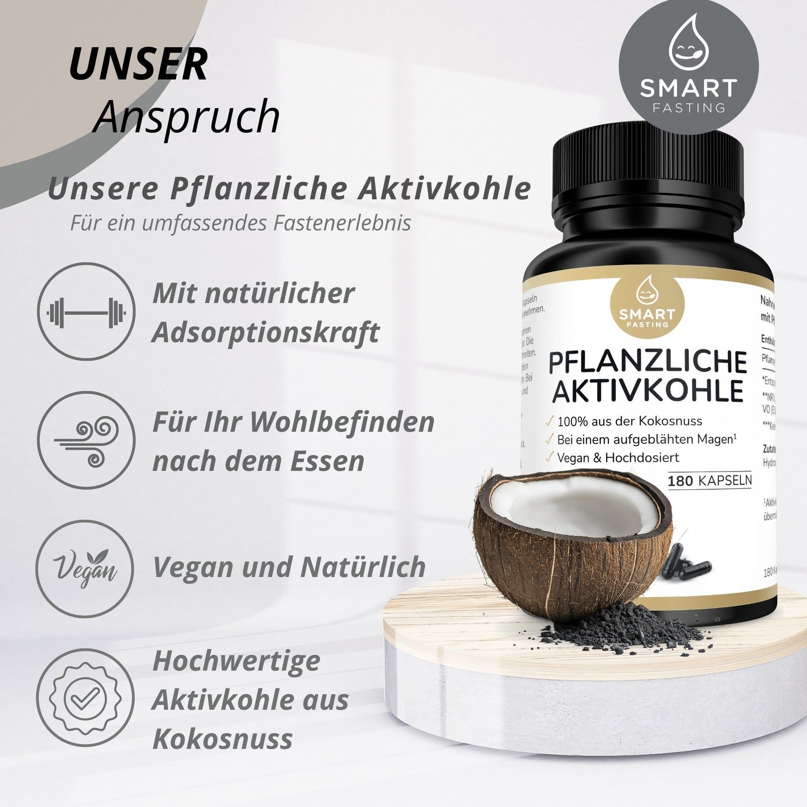 Flasche mit pflanzlicher Aktivkohle, Kokosnuss und Text. Aufschrift: 180 Kapseln, 100% aus Kokosnuss, vegan.