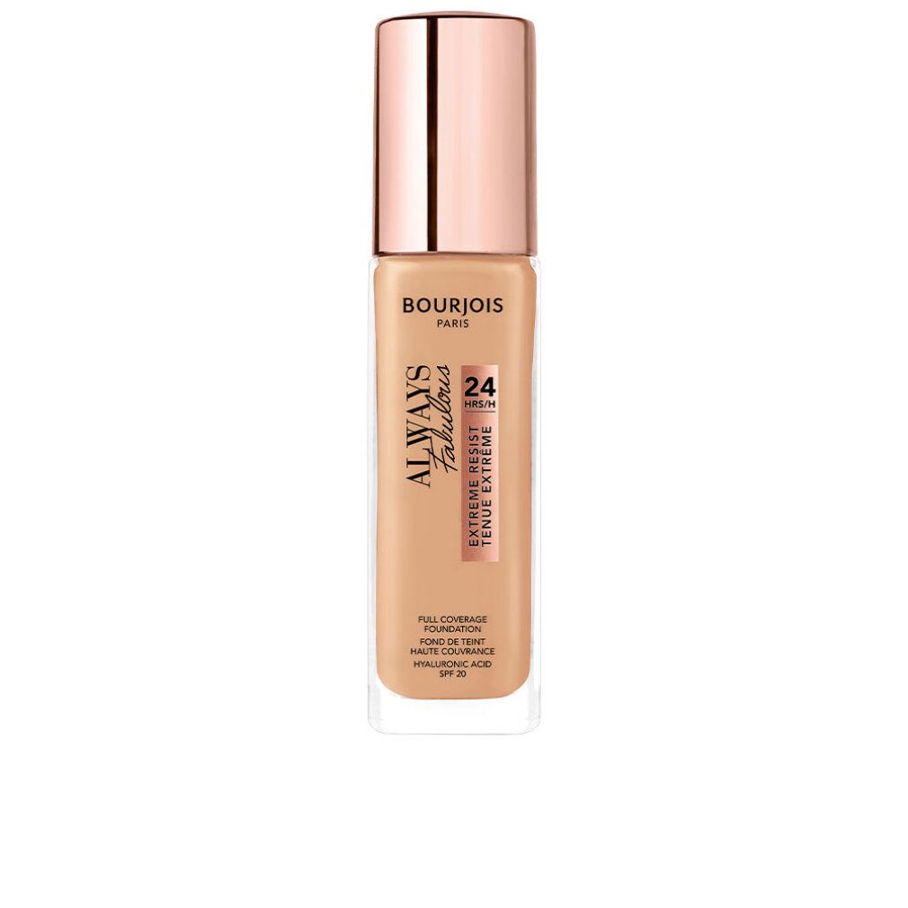 Bourjois Always Fabulous Foundation. Flasche mit hellbrauner Flüssigkeit und roségoldfarbenem Deckel. Text: 24H, SPF 20.