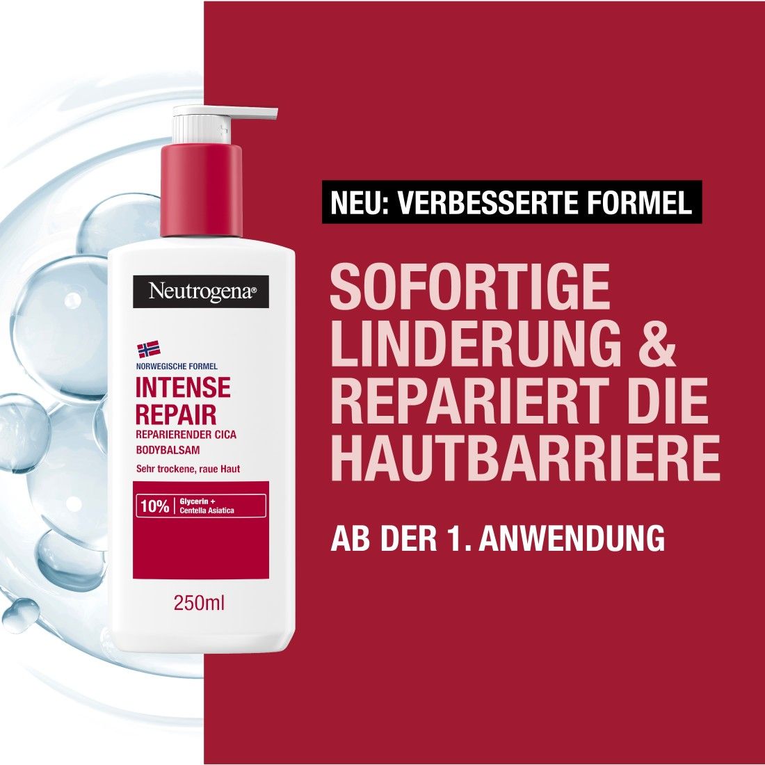 Rote Werbefläche mit weißer Flasche und Text. Aufschrift: Neutrogena, Intense Repair. 250ml. Verbesserte Formel.