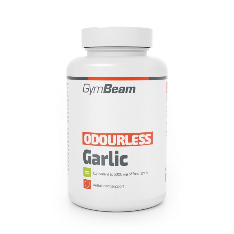 GymBeam Odourless Garlic Kapselbehälter mit Etikett, das Antioxidantien-Unterstützung angibt.