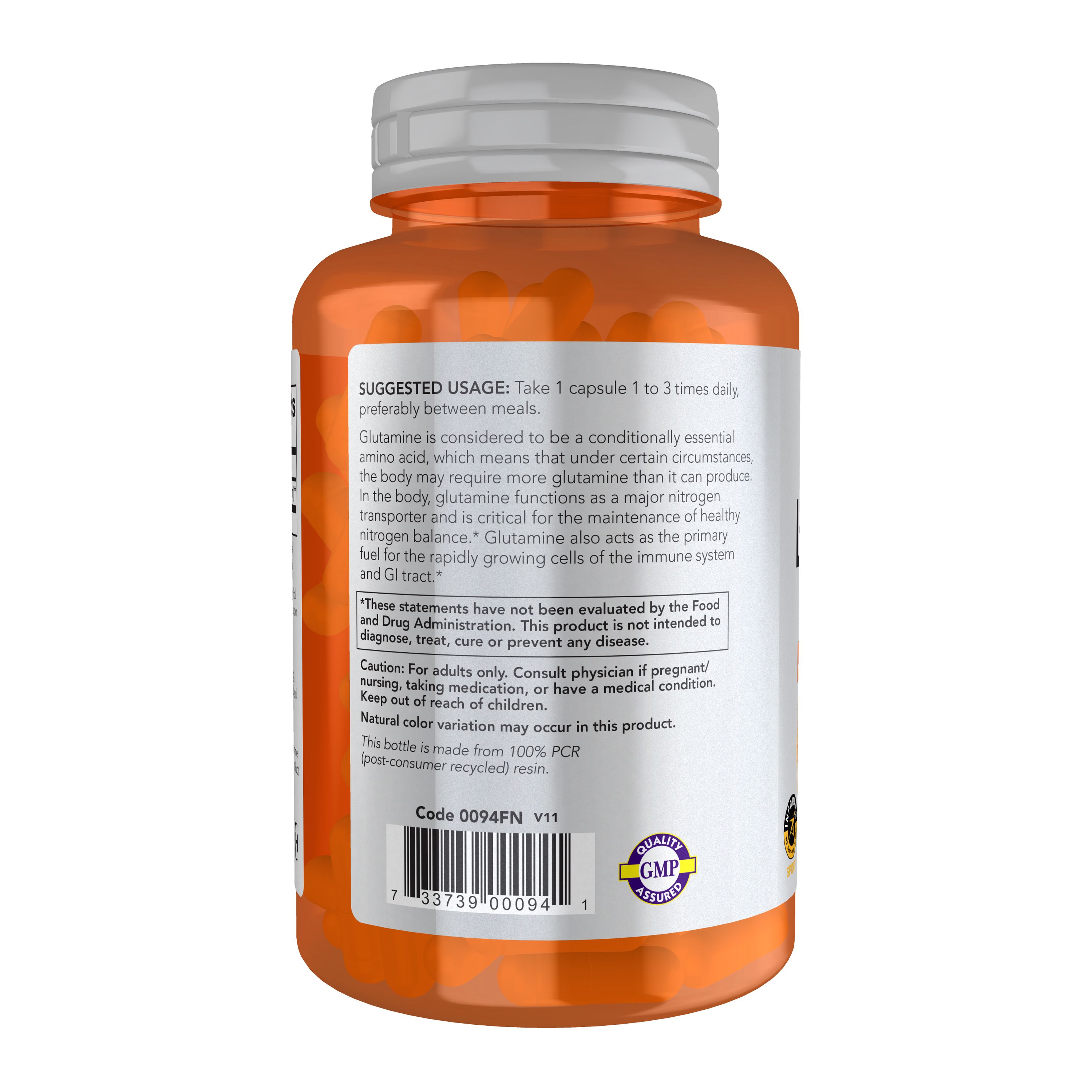 Rückseite einer Flasche L-Glutamin-Kapseln mit Nährwertangaben und Anwendungshinweisen.