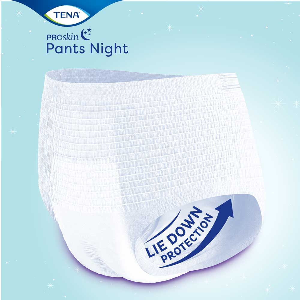 Weiße TENA ProSkin Pants Night. Mit 'Lie Down Protection' und Nacht-Symbol. Produktansicht von vorne.