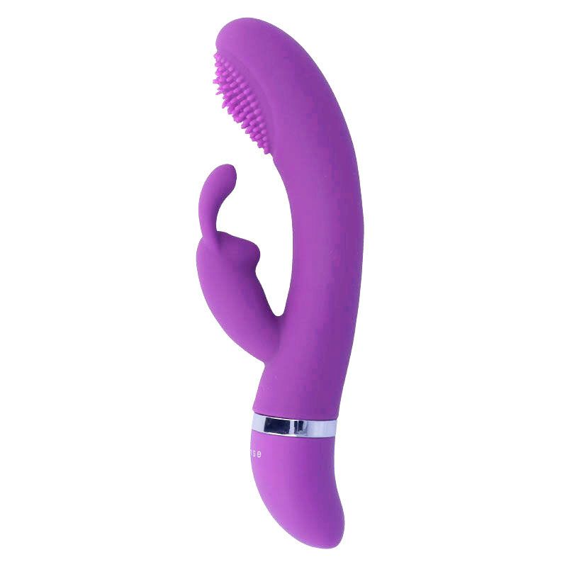 Lila Vibrator aus Silikon mit Hasenohren und geriffelter Spitze. Silberfarbener Ring am unteren Ende.