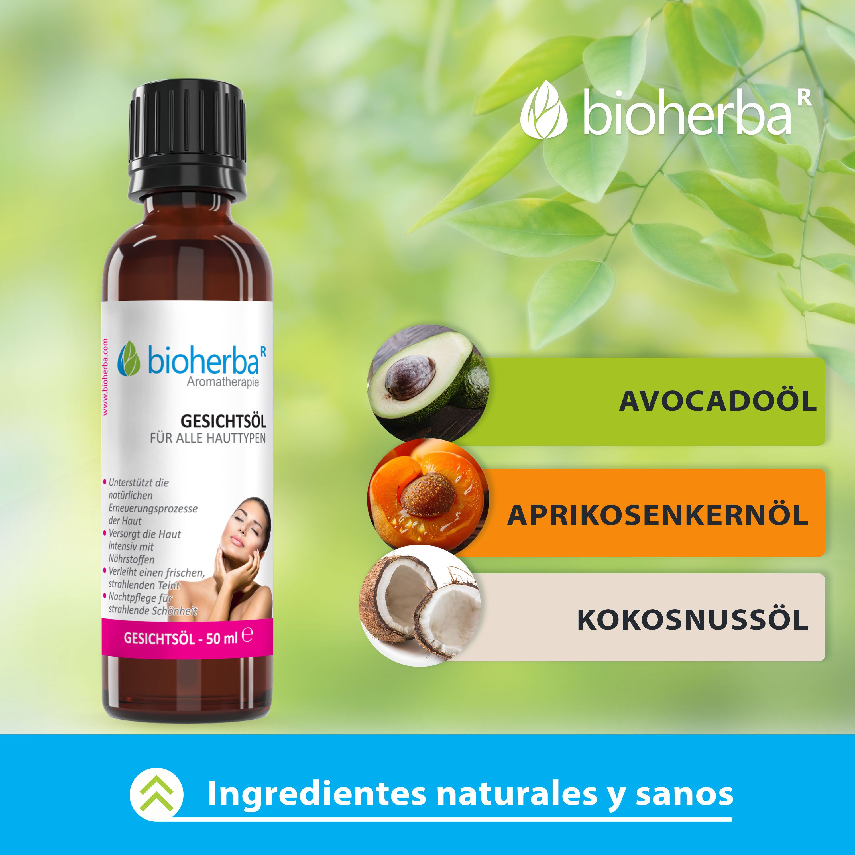 Bioherba Gesichtsöl Flasche mit Avocado-, Aprikosenkern- und Kokosnussöl-Symbolen und Beschriftungen.