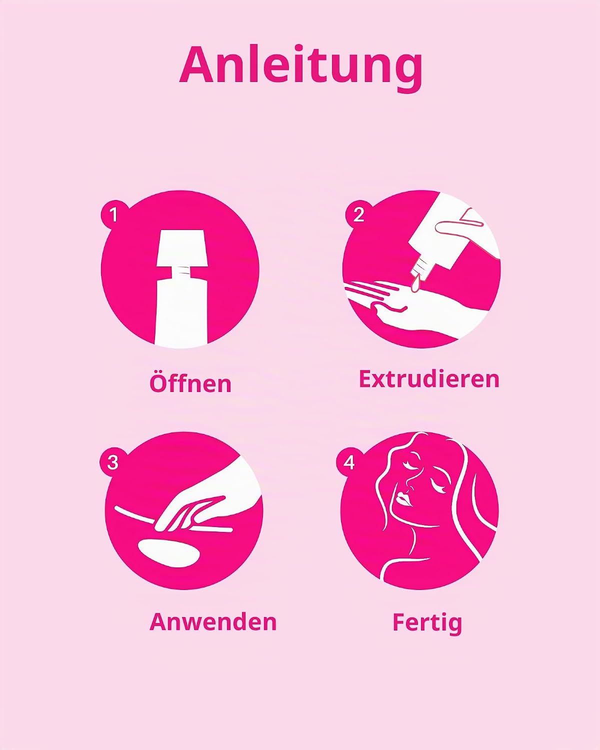 Anleitung zur Anwendung eines Hautpflegeprodukts in vier Schritten.
