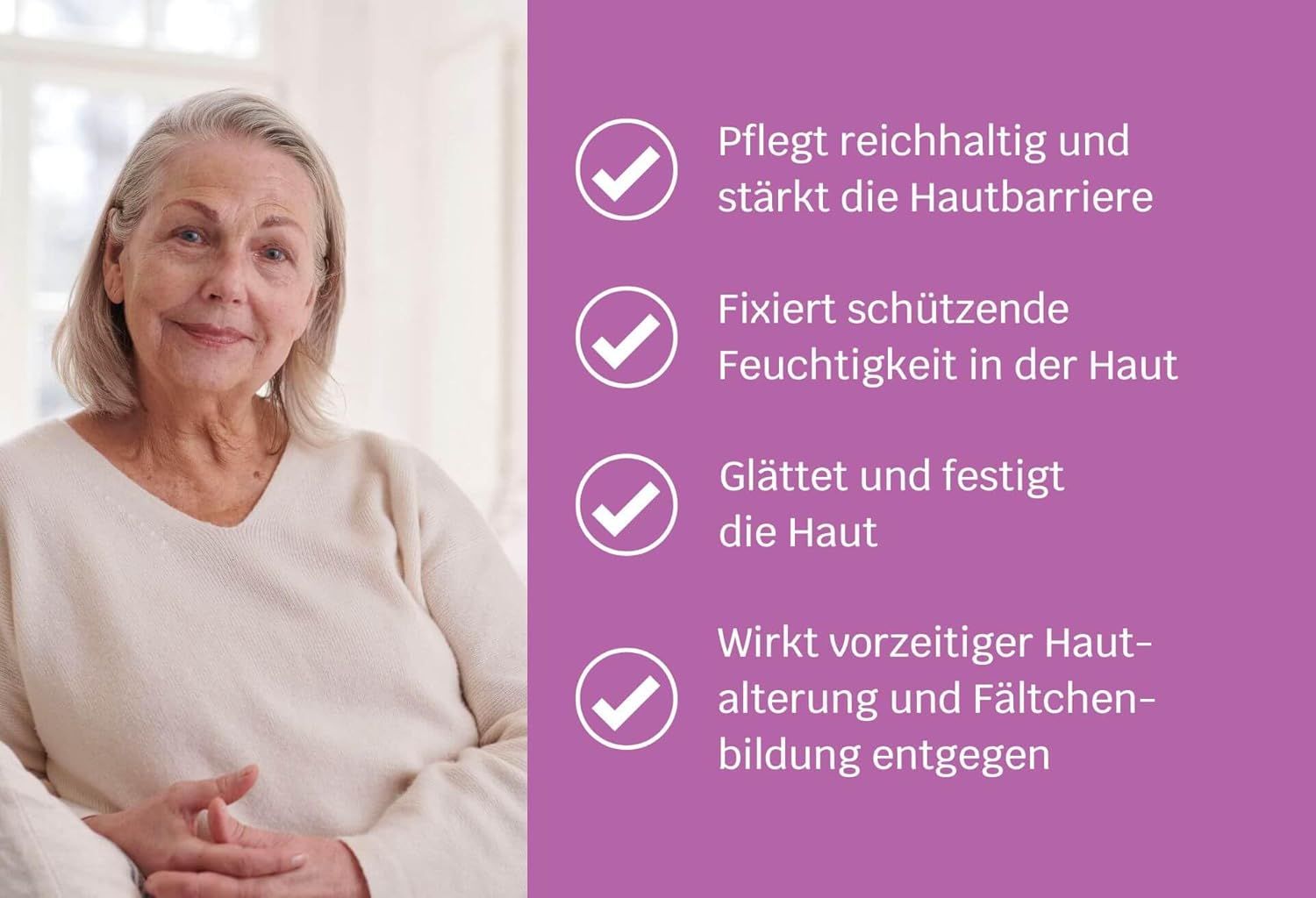Ältere Frau lächelt, rechts vier Vorteile für die Hautpflege mit Häkchen.