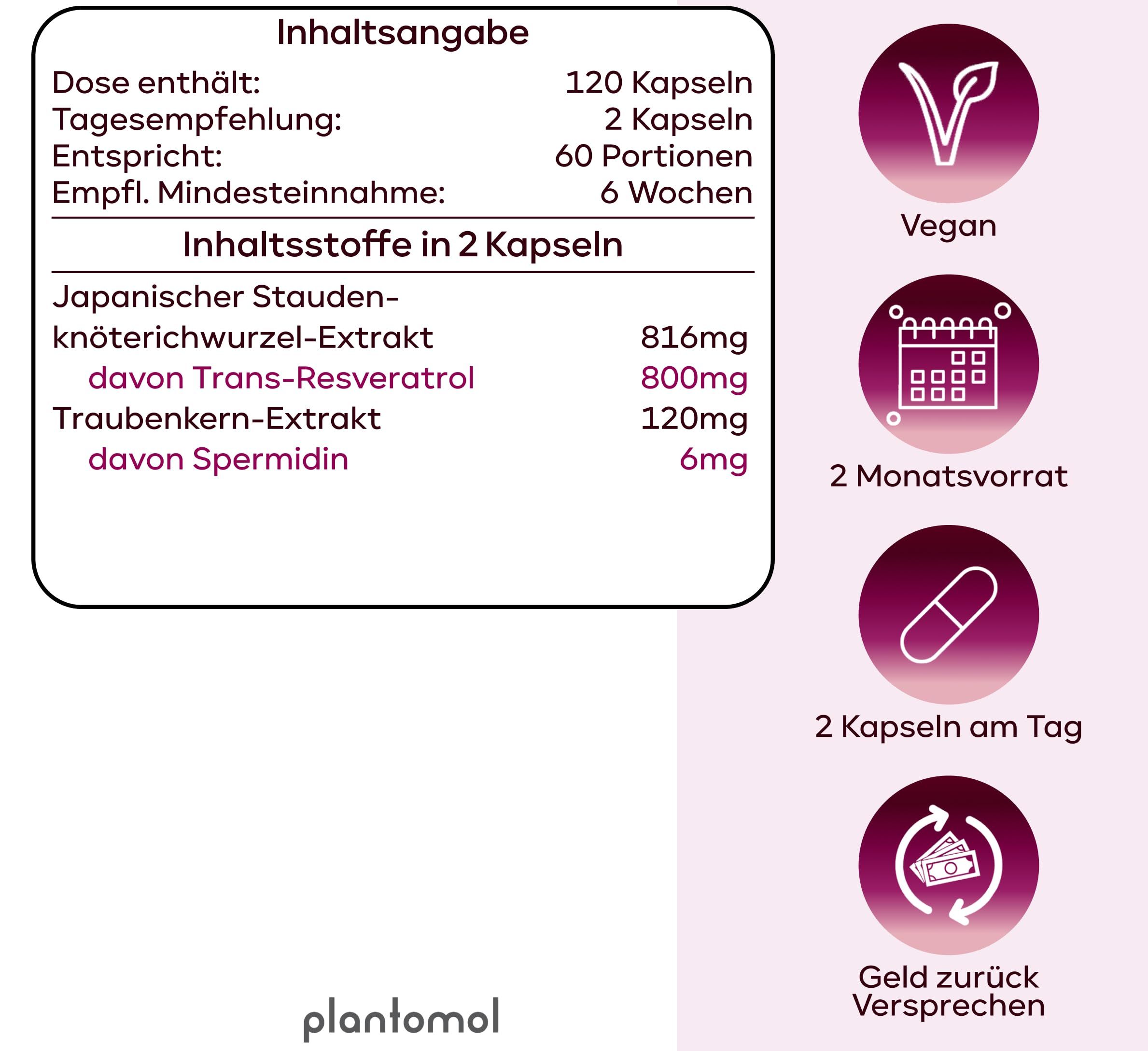 Infografik mit Inhaltsangabe: 120 Kapseln, 2 Kapseln pro Tag, 60 Portionen, 6 Wochen. Vegan, 2 Monate Vorrat, Geld-zurück-Versprechen.