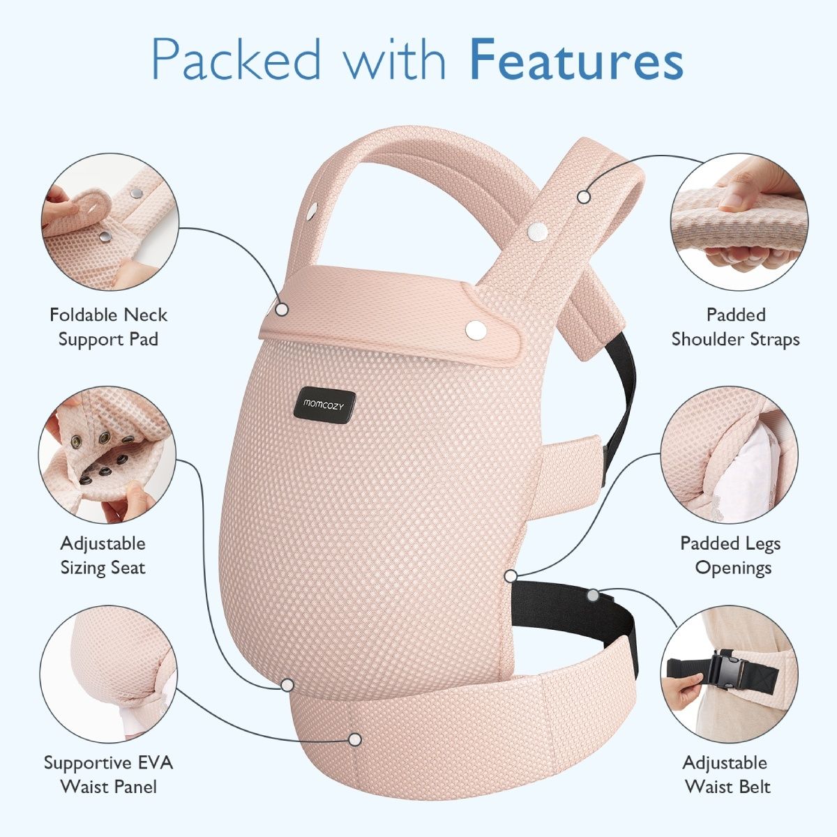 Rosa Babytrage mit Merkmalen: faltbares Nackenstützkissen, gepolsterte Schultergurte, verstellbarer Sitz, gepolsterte Beinöffnungen, Hüftgurt. Momcozy-Logo.