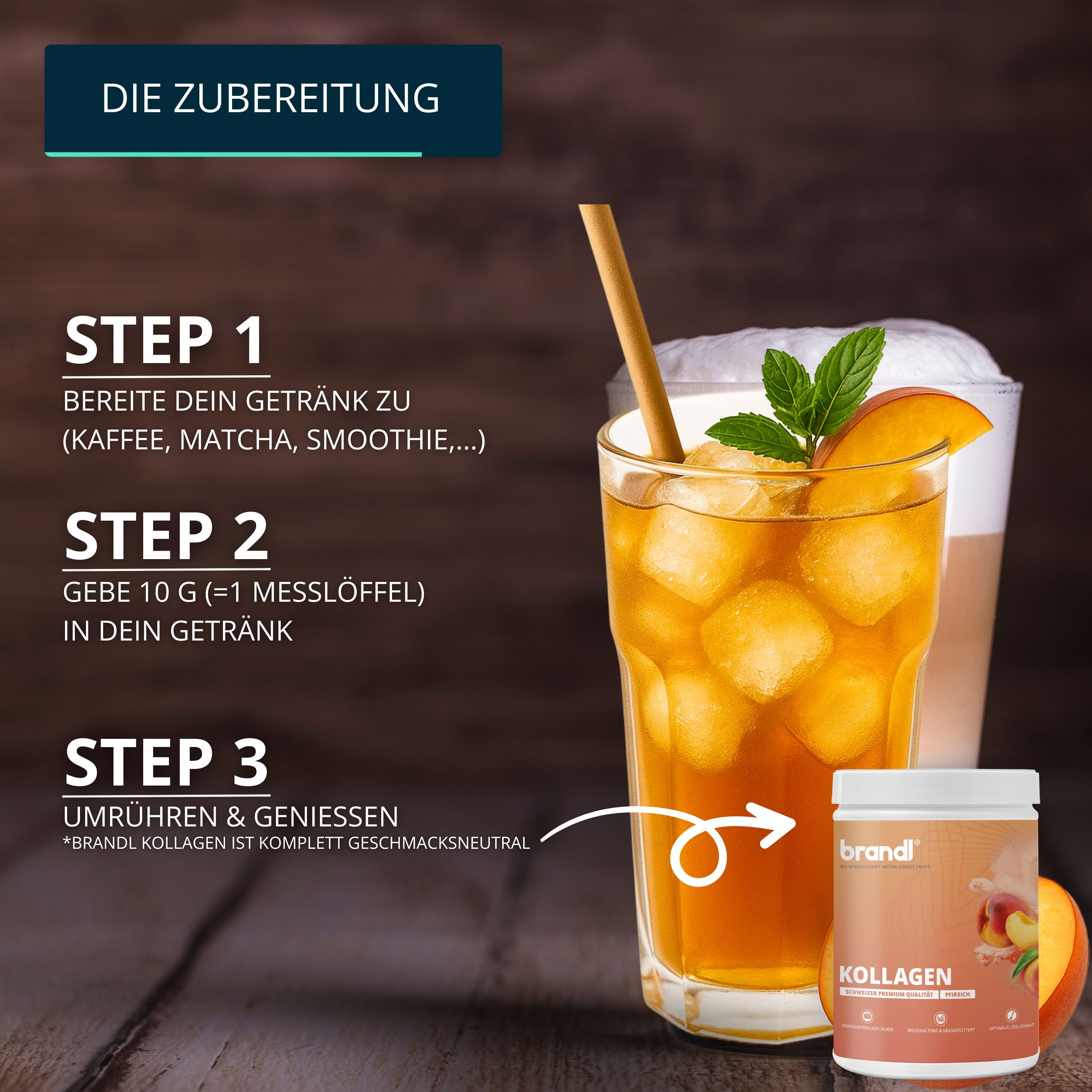 Produktglas mit Text: KOLLAGEN. Neben Getränken mit Eiswürfeln und Schaum.