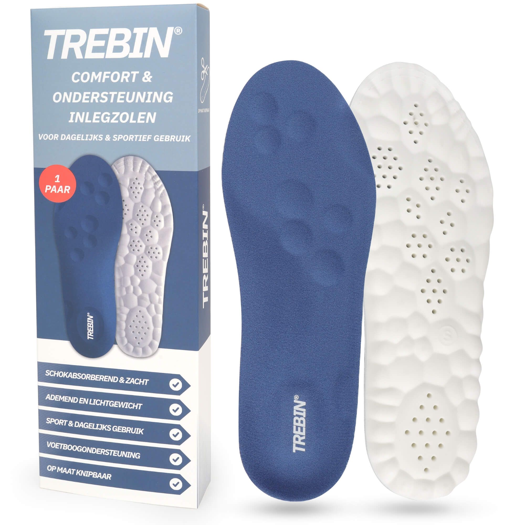 Blaue und weiße Einlegesohle mit Belüftungslöchern und dem Markennamen TREBIN.