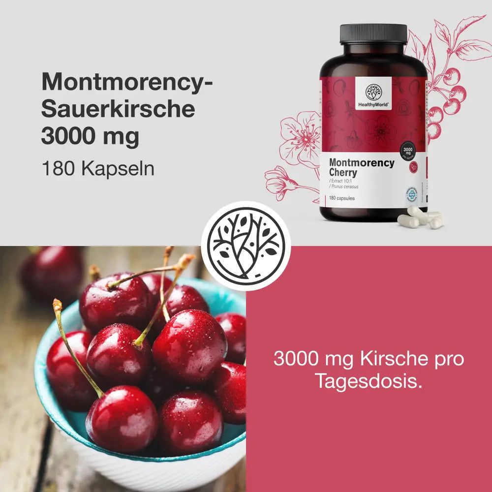 Kirschen in Schale und Produktflasche: Montmorency-Sauerkirsche 3000 mg, 180 Kapseln. Logo: HealthyWorld. Text: 3000 mg Kirsche pro Tagesdosis.