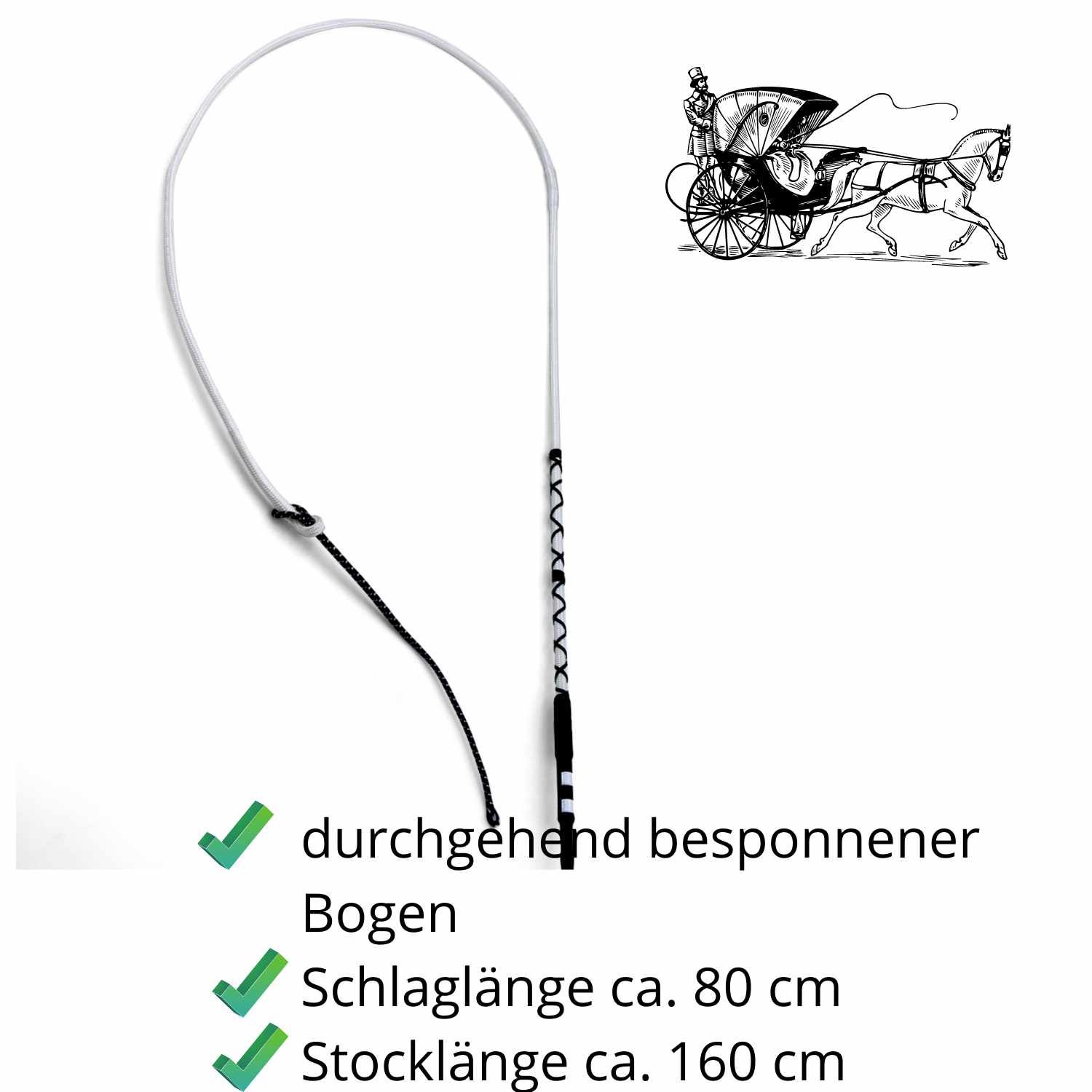 Fahrpeitsche mit durchgehend besponnenem Bogen. Schlaglänge ca. 80 cm, Stocklänge ca. 160 cm. Silhouette von Pferd und Kutsche.