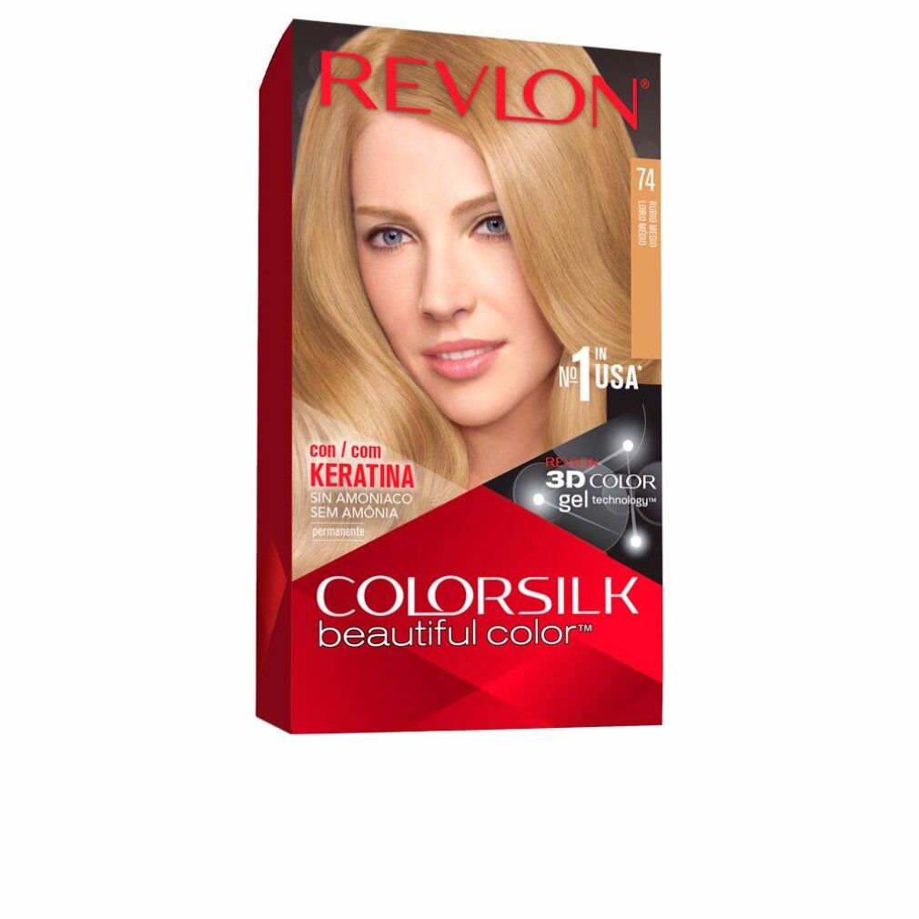 Revlon Colorsilk Packung mit Modell, Farbton 74 Medium Blond, mit Keratin, ammoniakfrei.