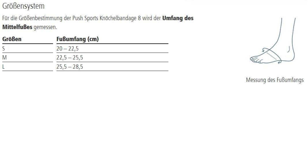 Größentabelle für die Knöchelbandage. Größen S, M, L mit Fußumfang in cm. Illustration eines Fußes.