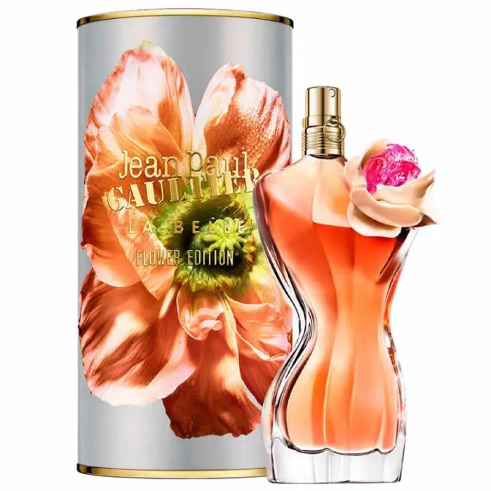 Parfümflakon in Torsoform mit rosa Blüte. Zylinderverpackung mit Blumenmotiv und Schriftzug.