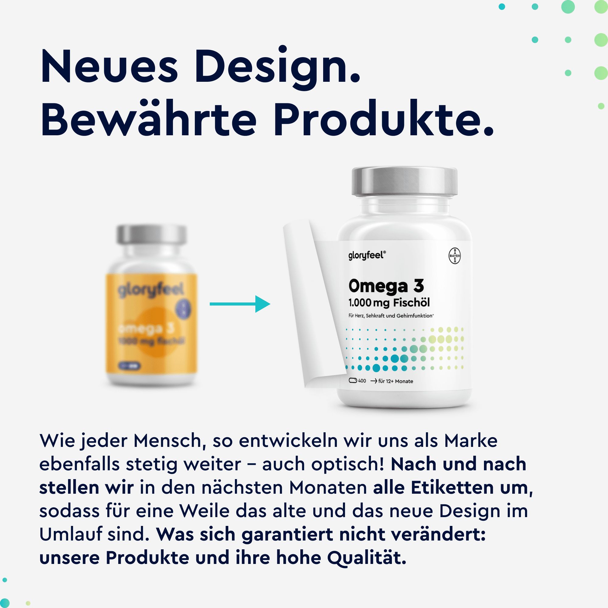 Vergleich: Alte und neue Flasche Omega 3. Text: Neues Design. Bewährte Produkte.