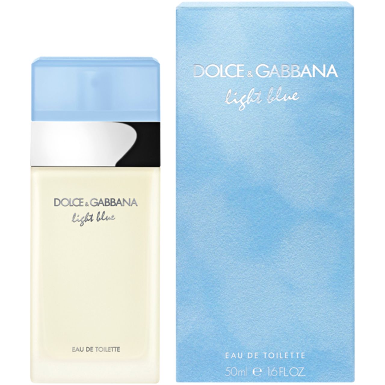 Dolce & Gabbana Light Blue EdT Flakon und Verpackung. Hellblauer Deckel, silberner Streifen, weißes Etikett.