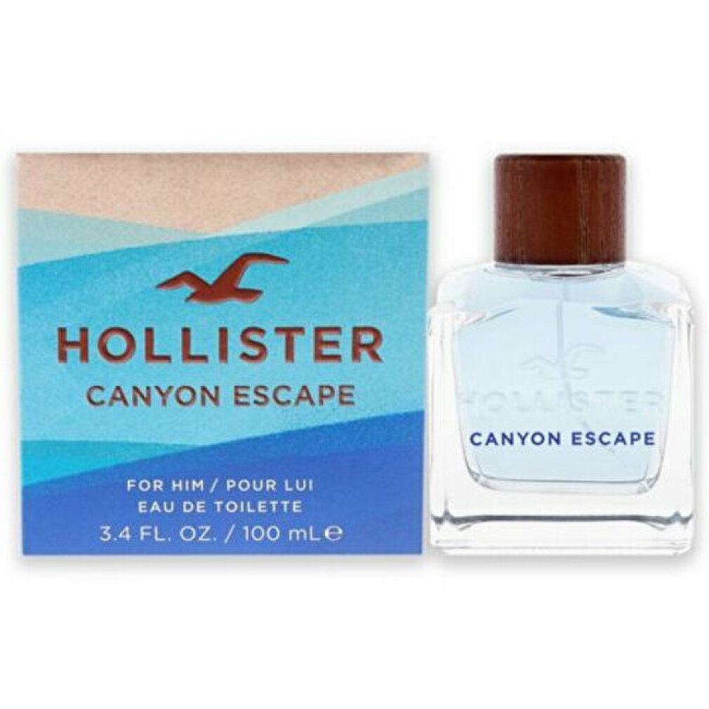 Flakon und Verpackung. Flakon: blaues Flüssigkeit, Holzdeckel. Verpackung: blau-weißes Wellenmuster. Aufschrift: Canyon Escape.
