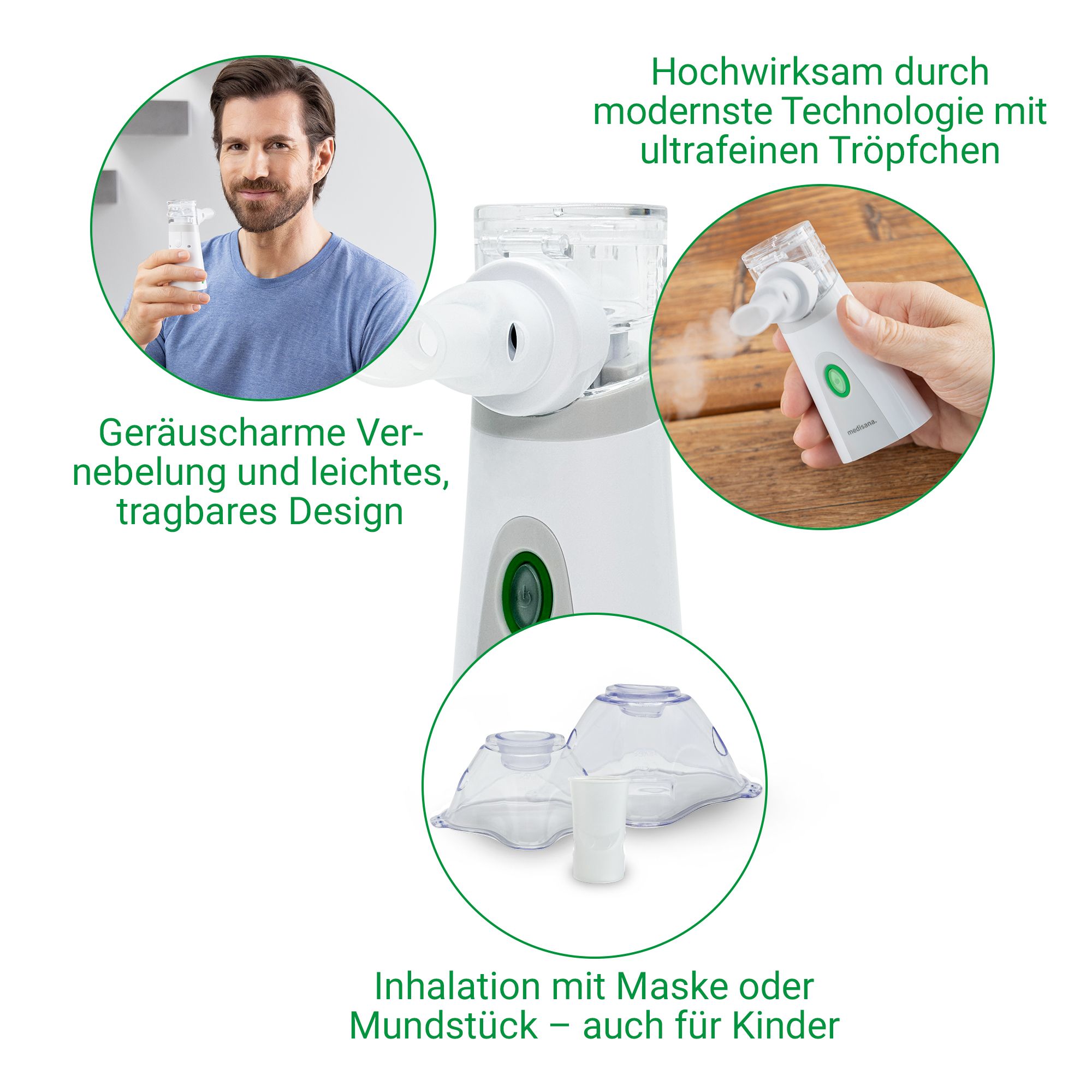 Medisana IN 515 Inhalator: Tröpfchen, Masken, Mundstück, Design.