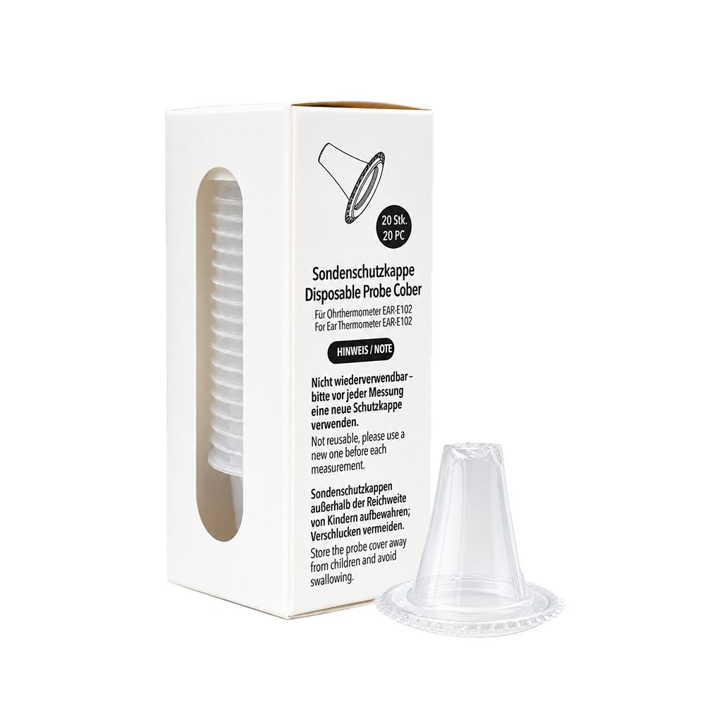 Verpackung mit 20 Einweg-Schutzkappen für Ohrthermometer. Eine Kappe liegt daneben.