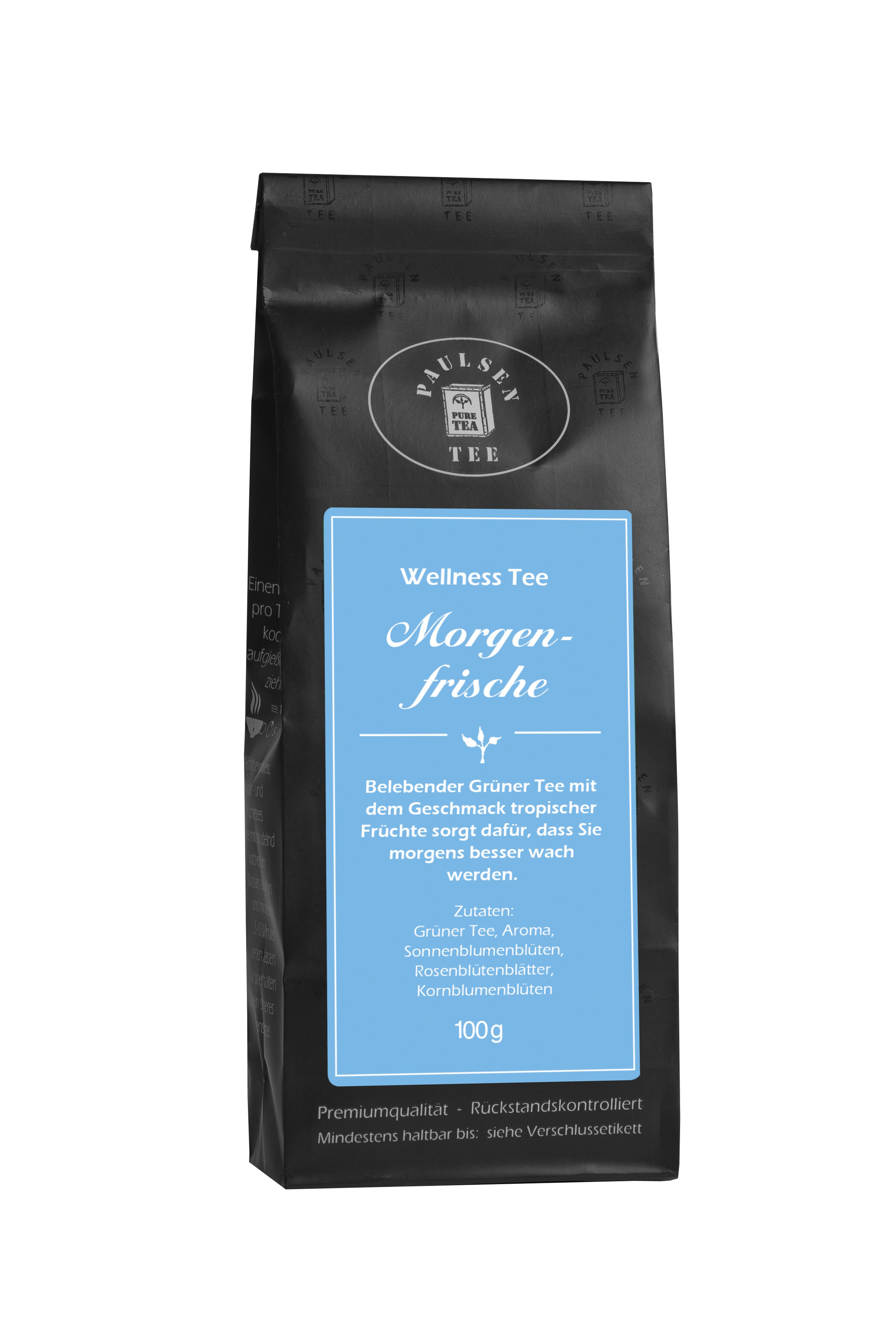 Schwarzer Beutel mit blauem Etikett. Aufschrift: Paulsen Tee, Wellness Tee Morgenfrische. Text und Logo.
