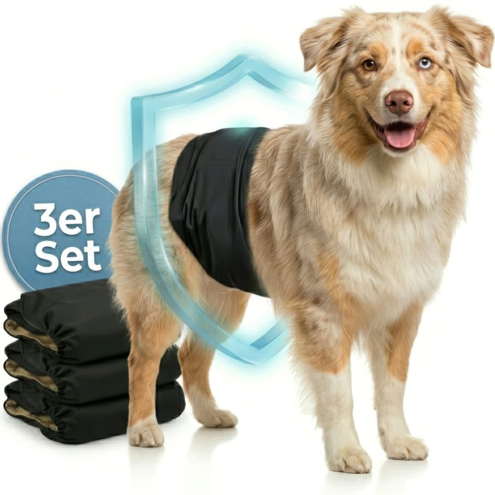 Hund mit schwarzer Bauchbinde. 3er Set Windeln. Schild-Symbol.