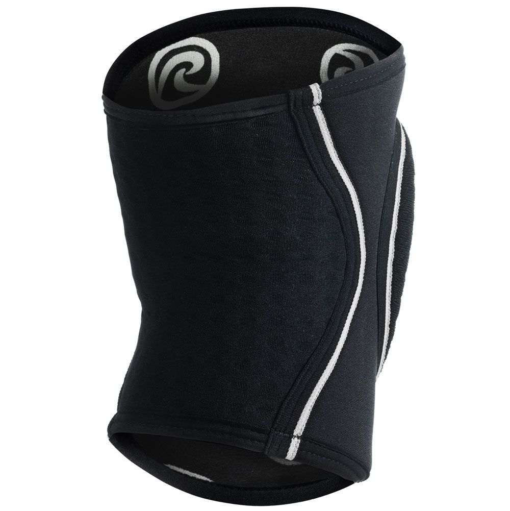 Schwarzer Kniepolster mit weißer Umrandung. Logo auf der Innenseite. Marke Rehband nicht sichtbar.