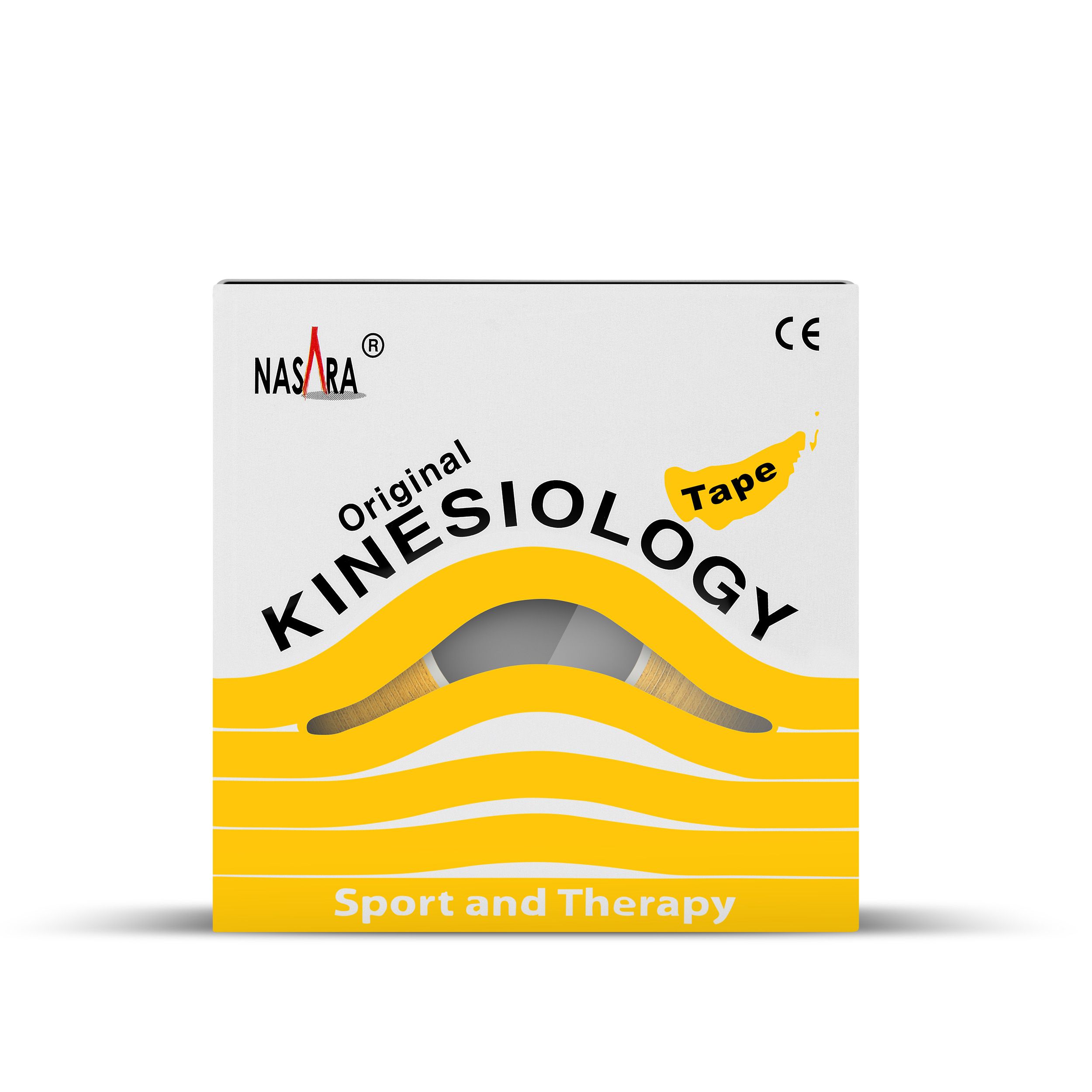 Box mit gelbem Kinesiologie-Tape. Aufschrift: NASARA, Original Kinesiology Tape, Sport and Therapy. CE-Zeichen.