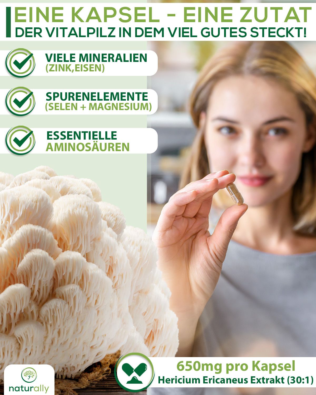 naturally Lion's Mane | 1950mg Löwenmähne Pilz Extrakt pro Tagesdosis