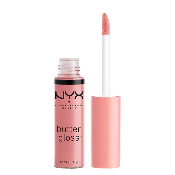 Rosa Lipgloss-Fläschchen mit Applikator. Aufschrift: NYX PROFESSIONAL MAKEUP, butter gloss. Inhalt: 8 ml.