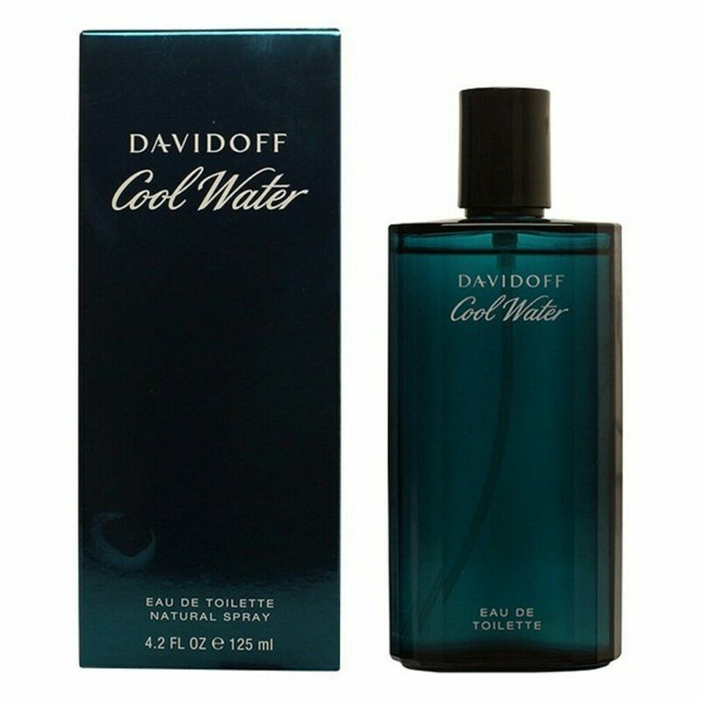 Davidoff Cool Water Flakon und Verpackung. Flakon blau, schwarzer Verschluss. Verpackung dunkelblau. Schriftzug: Davidoff Cool Water.