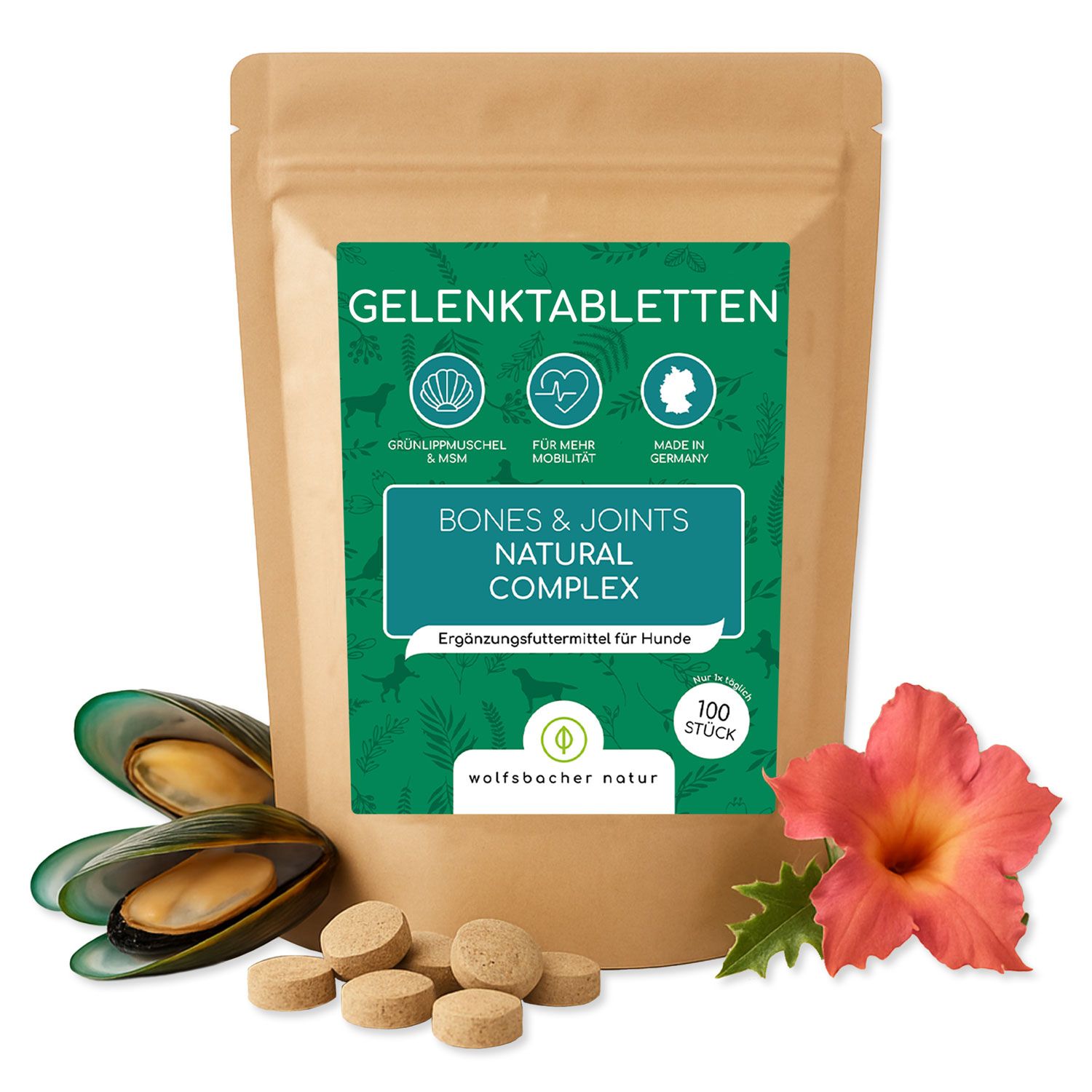 Beige Verpackung mit grünen Etikett. Tabletten, Muscheln und Blume daneben. Text: Gelenktabletten, Bones & Joints.