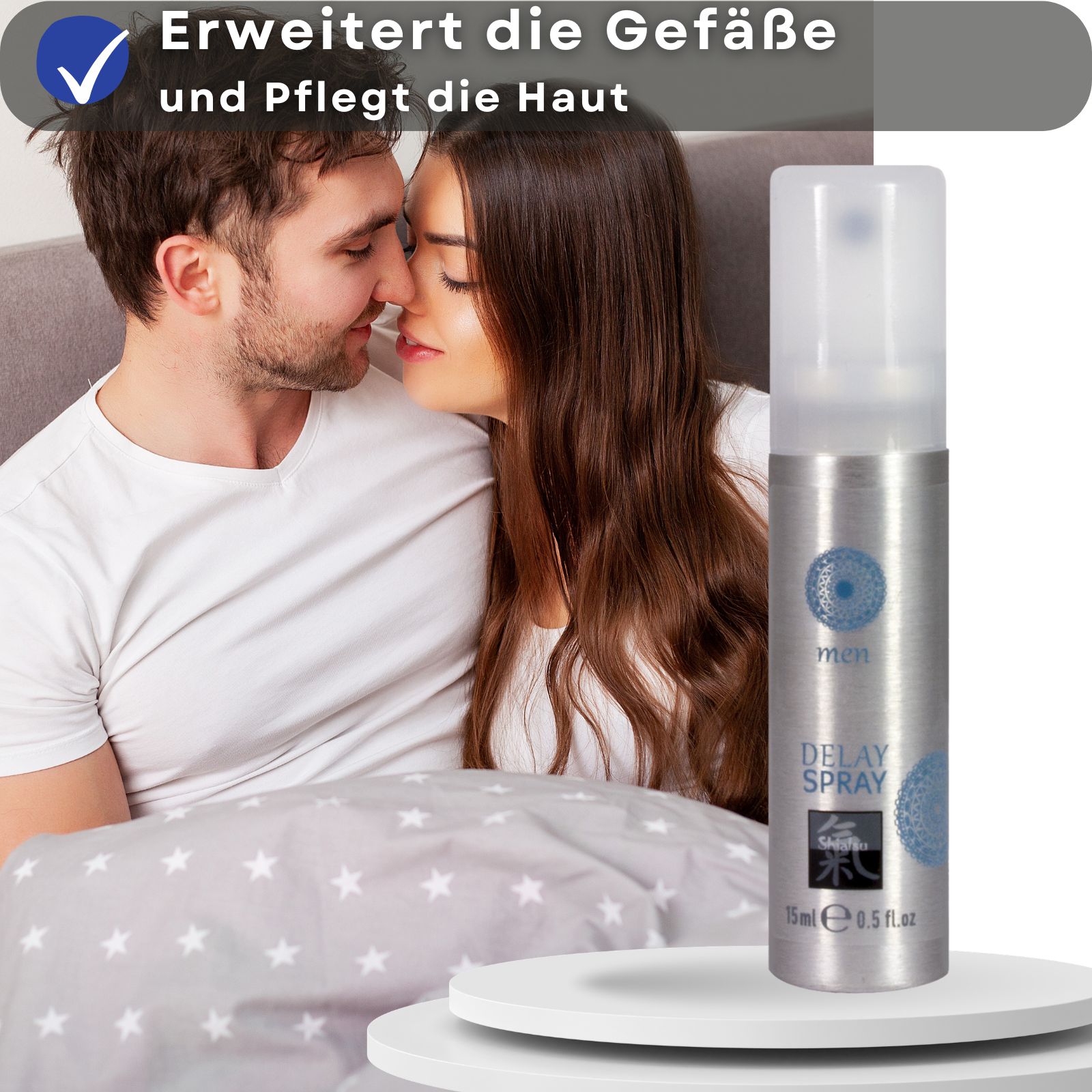 Produkt und Text auf blauem Hintergrund. Text: Erweitert die Gefäße und Pflegt die Haut. Sprühflasche.