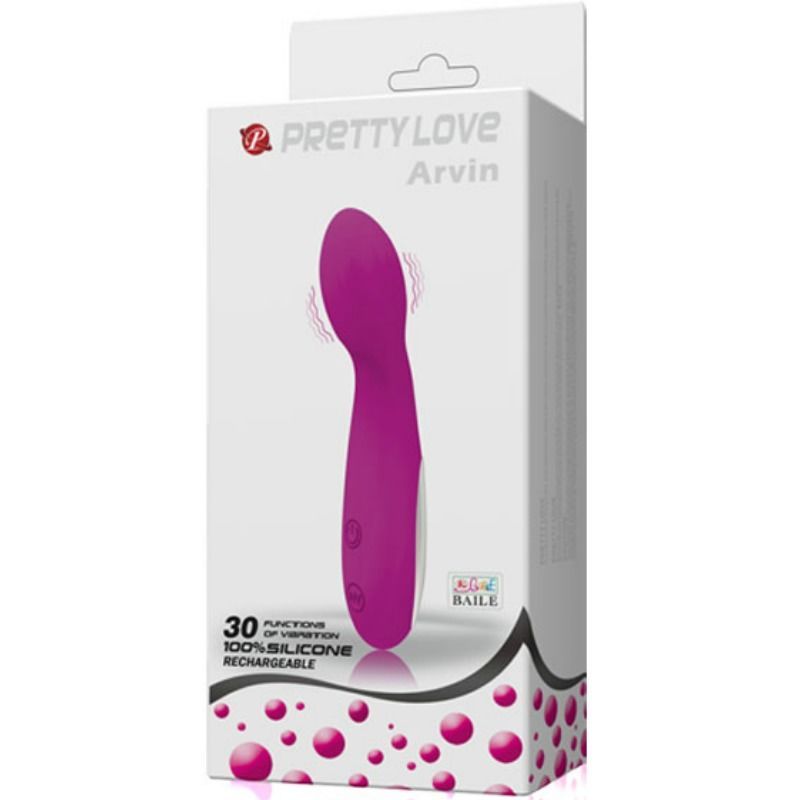 Verpackung mit lila Vibrator. Aufschrift: PRETTYL LOVE, Arvin, 30 Funktionen, 100% Silicone, Rechargeable.