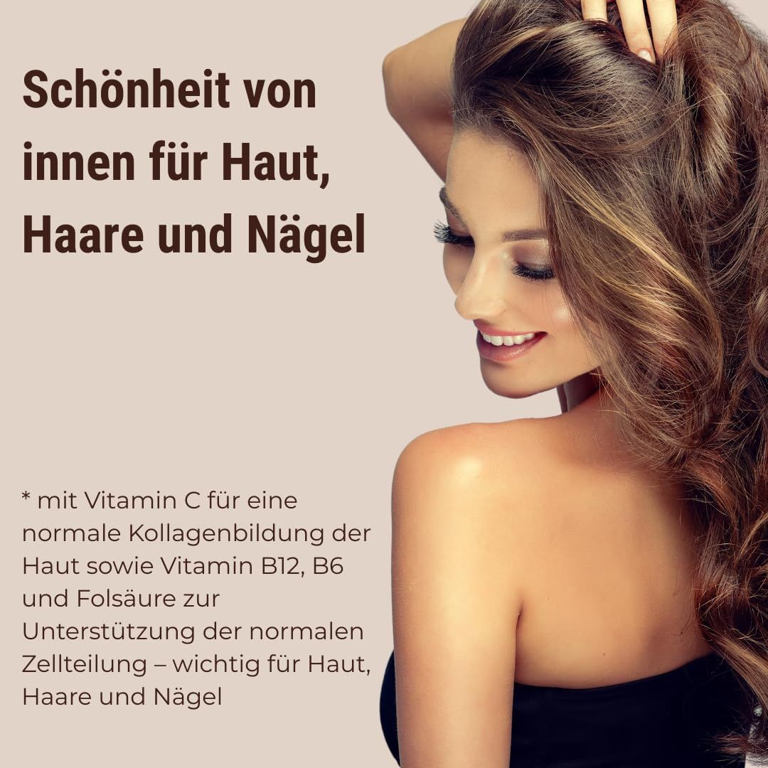 Frau mit langen Haaren. Text: Schönheit von innen für Haut, Haare und Nägel. Mit Vitamin C.